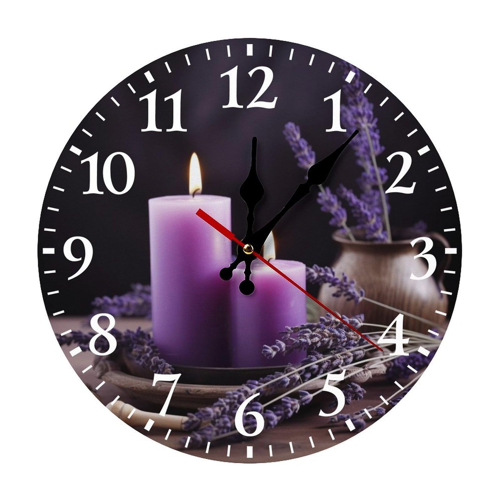 NTVOWPZO 10 Inch Wall Clock Purple Lavender with Candles Battery Operated Wall Clocks Silent Non-Ticking Round Wall Clock for Living Room Kitchen Home Office Wall Decorative Clock