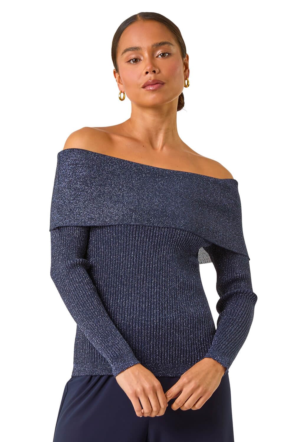 Roman Originals Ribbed Bardot Stretch Top for Women UK - Ladies Everyday Autumn Winter Comfy Soft Evening Vacation Work Party Night Out - Midnight Blue - Size 18