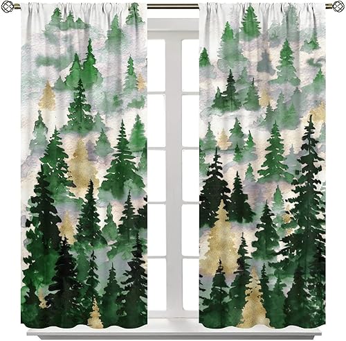 Miniatura 2 de Cortinas de bosque verde y dorado, con silueta de bosque brumoso de árbol natural, cortinas de tratamiento de ventanas, cortinas con bolsillo para
