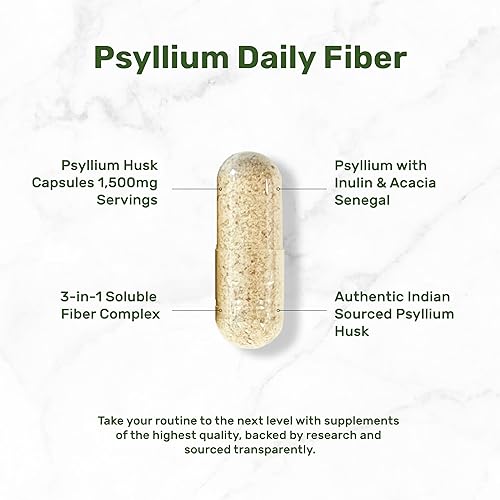 Miniatura 3 de Cáscara de psyllium 1500mg por porción, 300 cápsulas – Suplemento de fibra 3 en 1 con complejo de inulina y acacia – Fibra soluble natural, apoya la