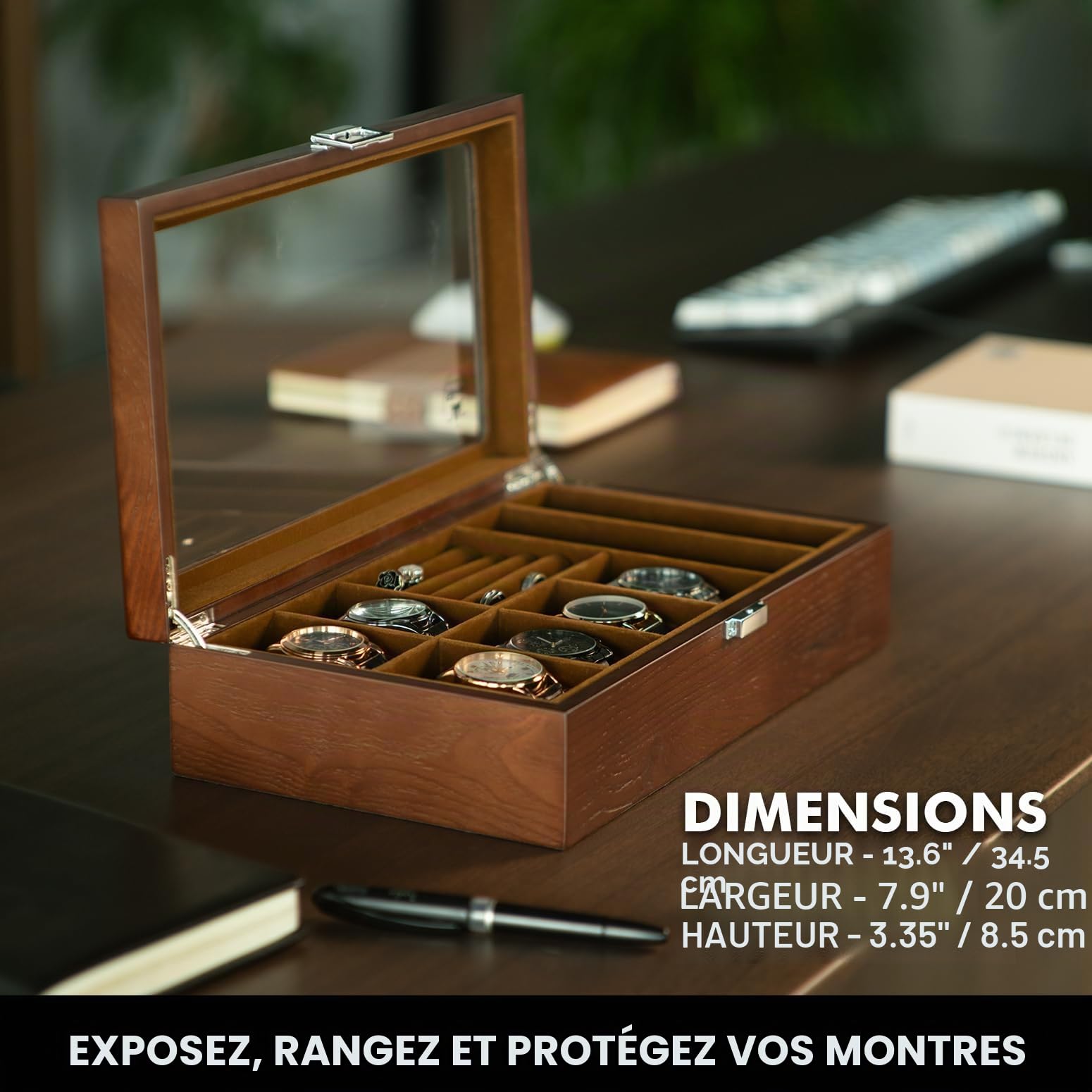 Slege Boîte à Montres en Bois,6 Emplacements,Coffret à Montres avec Couvercle en Verre,Organisateur de Rangement pour Montre,Boîte à Bijoux,Cadeau pour Homme Femme,pour Montre,Lunette de Soleil,Bague