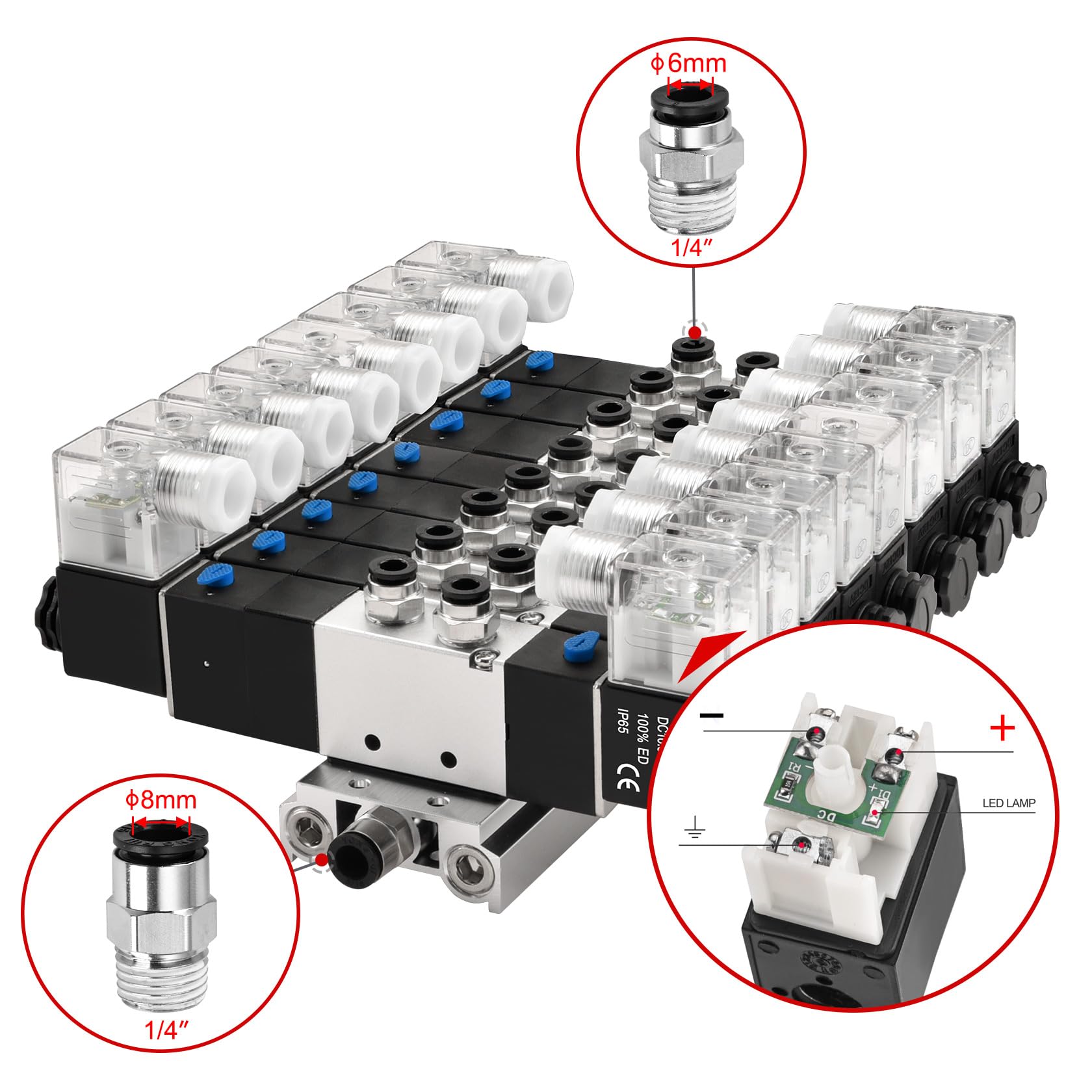 Heschen Electroválvula neumática eléctrica 8, 4V230C-08, 12VDC, PT1/4, 5 vías 3 posición, base del colector, silenciador, conjunto de accesorios rápidos, CE