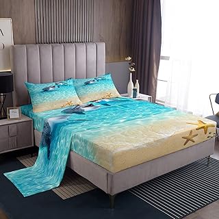 Homewish Cute Dolphin Bed Sheet Set Full Size,Hawaiian Ocean Style Bedding Set 4pcs for Kids Girls Boys Room Decor,Starfish Beach Sealife Fitted Sheet Sea Blue Top Flat Sheet,2 Pillowcases
