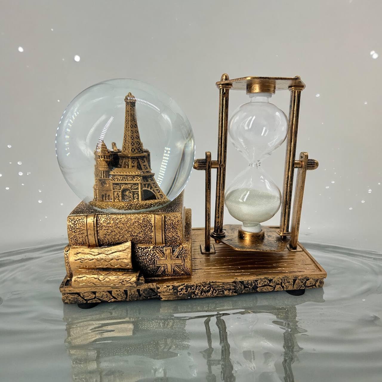 Crystal Snow Globes with Hourglass Timer & Led Music Vintage Brass Snow Crystal Ball Paris Eiffel Tower for Home Snowglobes Decoration Gifts(Pack of 1,Golden) (Paris Eiffel Tower)