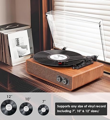 Miniatura 2 de Tocadiscos de madera vintage con Bluetooth, tocadiscos de 3 velocidades con altavoces, entrada AUX, conector para auriculares, salida RCA, parada