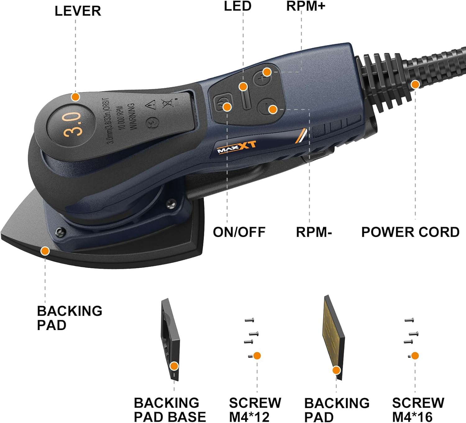 MAXXT Brushless 2-IN-1 Detail Sander and Sheet Sander Set, 350W 3mm Electric Orbital Sander with Replaceable Backing Plate, Variable Speed Compact Mouse Sanders for Woodworking with 20 Sanding Paper