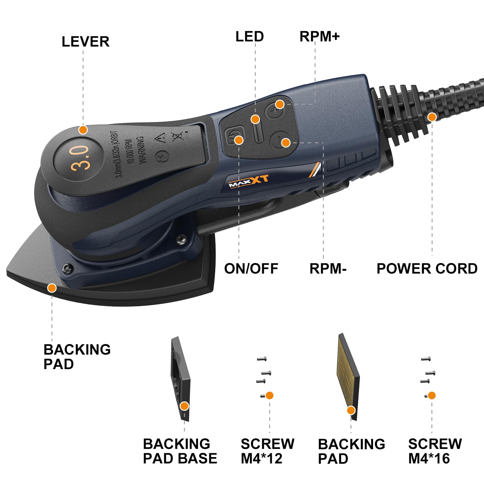 MAXXT Levigatrice Delta e Rettangolare 2IN1 brushless 350W, Diametro orbitale: 3,0mm, 6 velocità regolabili (4000-10000 giri/min), Arresto in 1-2 secondi, Include 20 fogli abrasivi, per angoli stretti