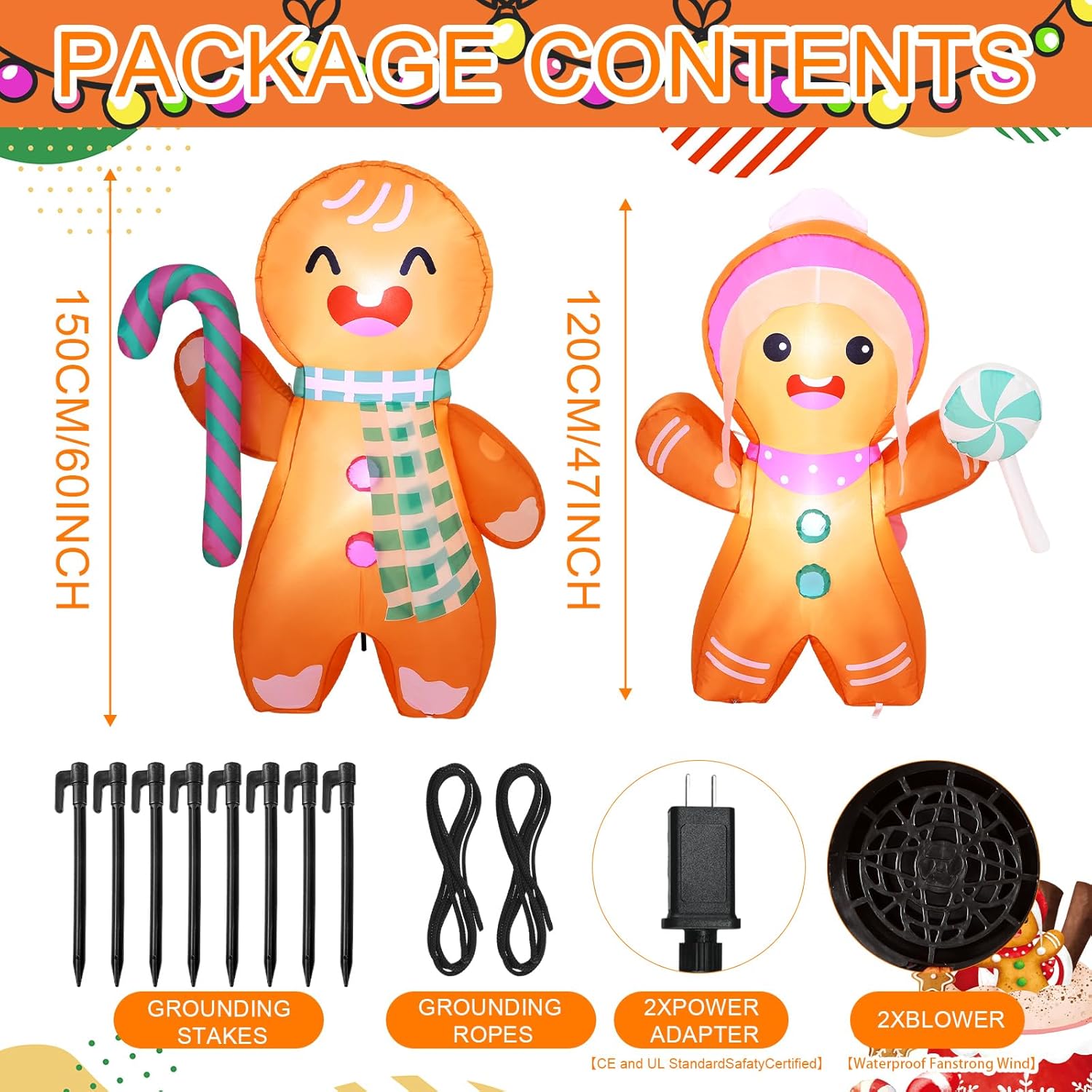 Soulchen 2 Pcs 5ft Christmas Gingerbread Inflatable Decoration Blow up Gingerbread Man Couple with LED Light Christmas Outdoor Decorations for Xmas Holiday Garden Yard Lawn Decor