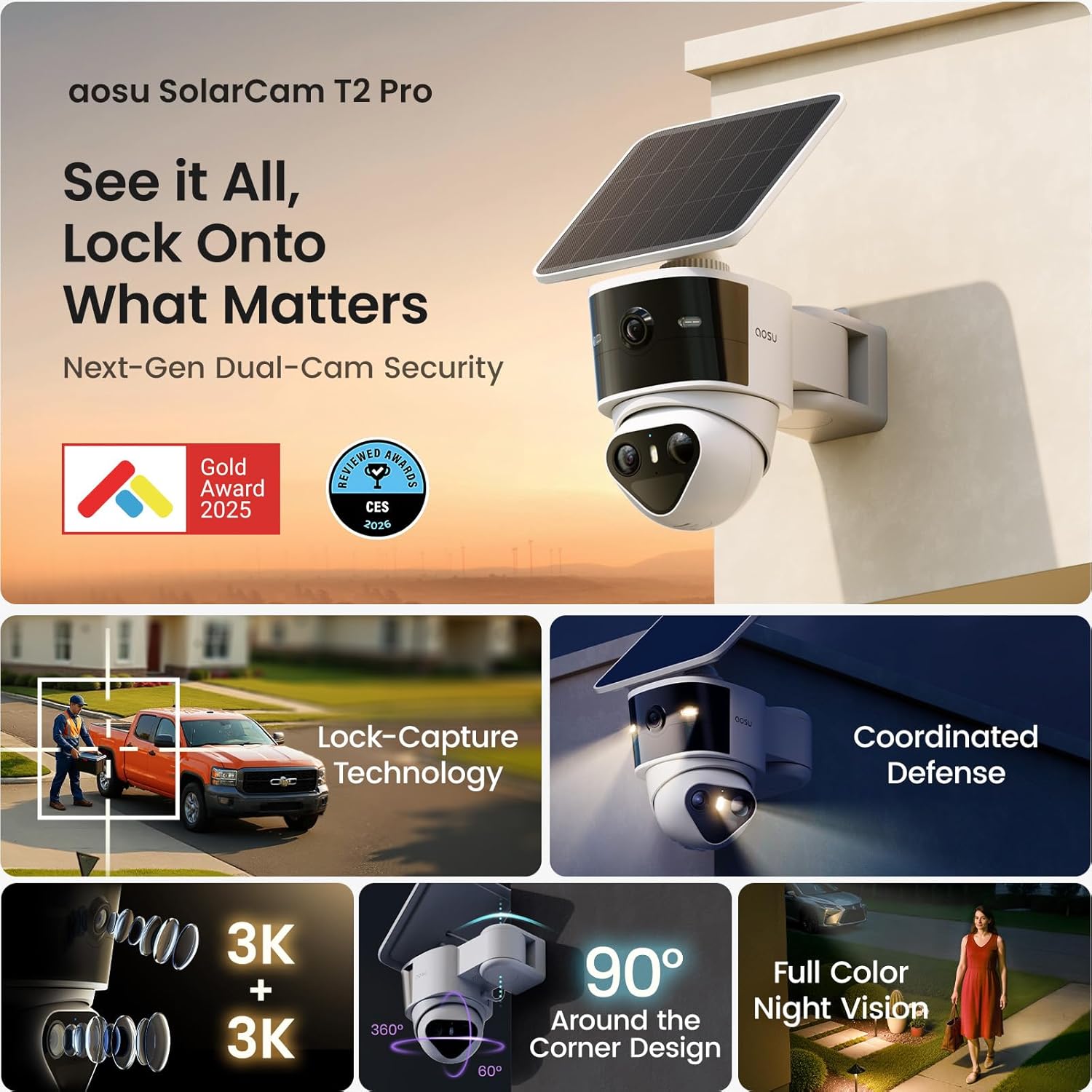 aosu T2 Pro Solar Security Cameras Wireless Outdoor, 3K Dual Cam No Blind Spot Security Camera for Home, 170° Wide + 360° PTZ, AI Human Vehicle Tracking, Solar Powered, Local Storage Supported - Image 2