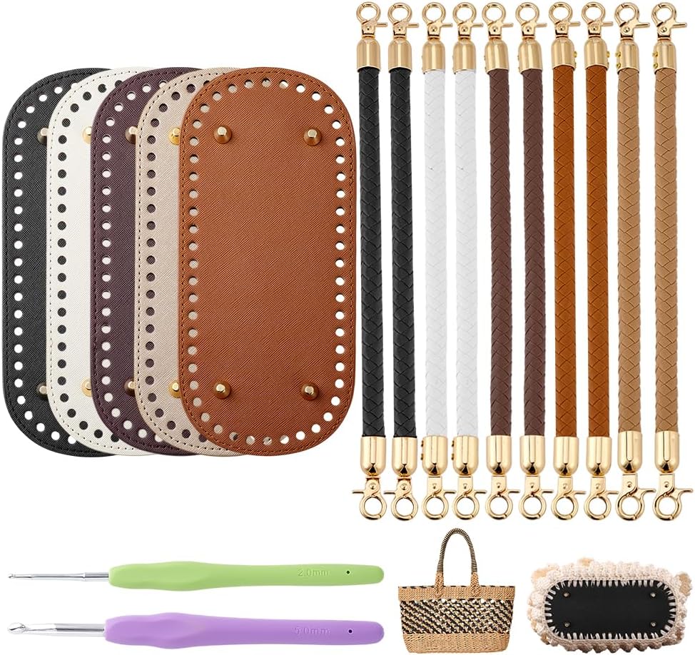 PH PandaHall 5+10 PCS Crochet Bag Bases with Purse Handles 5 Colors Leather Bag Bottom Bags Straps Knitting Crochets Bottom Shaper with 2pcs Crochet Hook for DIY Handbag Shoulder Bags Crafting Making