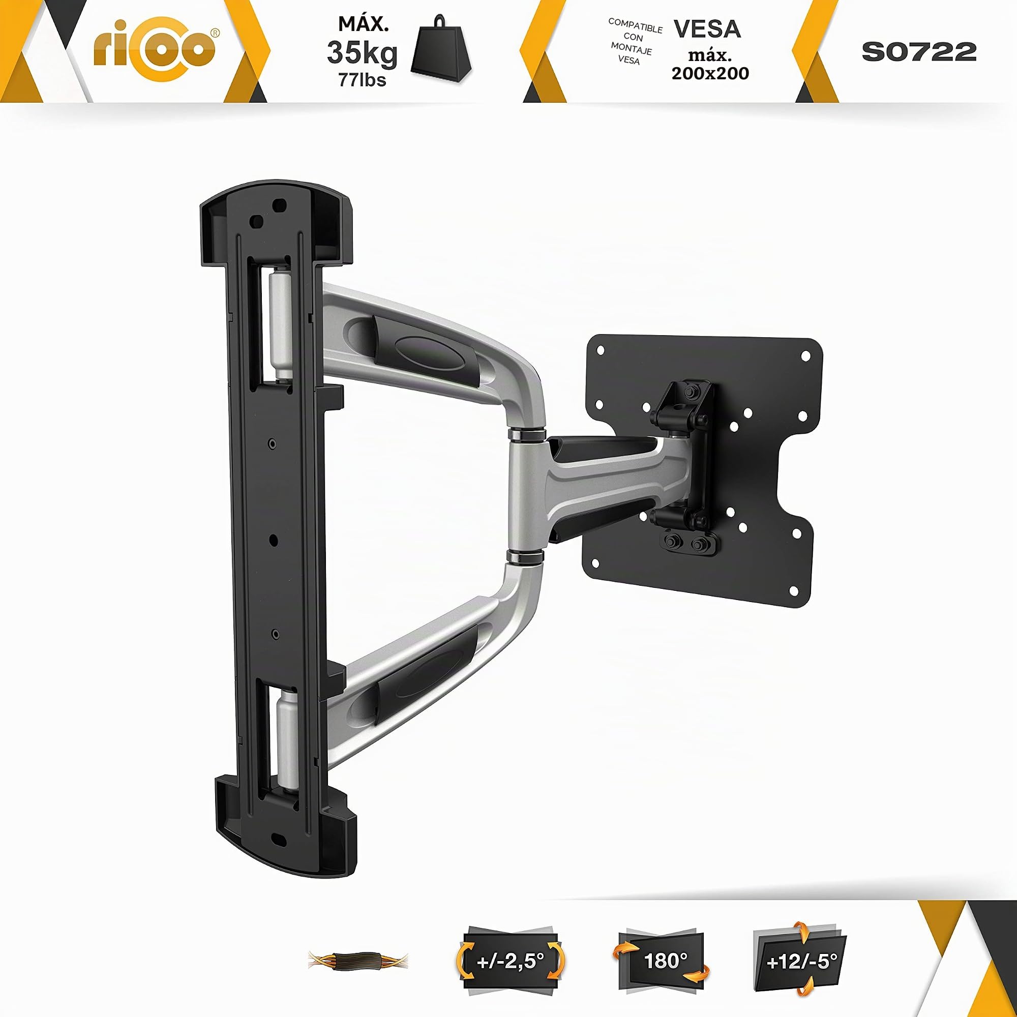 RICOO Soporte TV Pared Giratorio Inclinable Televisión 17-47" (43-119cm) S0722 Brazo articulado Universal Televisor LED/LCD VESA 75x75-200x200