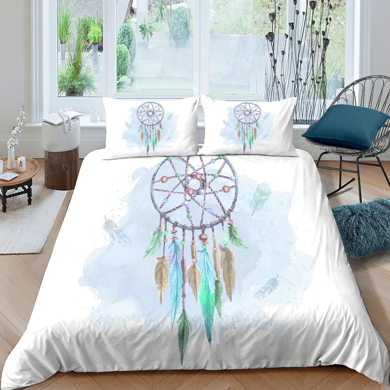 GPLZQXKJNH 3D Printed Dreamcatcher Duvet Cover Microfiber Soft Breathable Feather Bedding Set with 2 Pillowcases for Bedroom Decor Single（135x200cm）