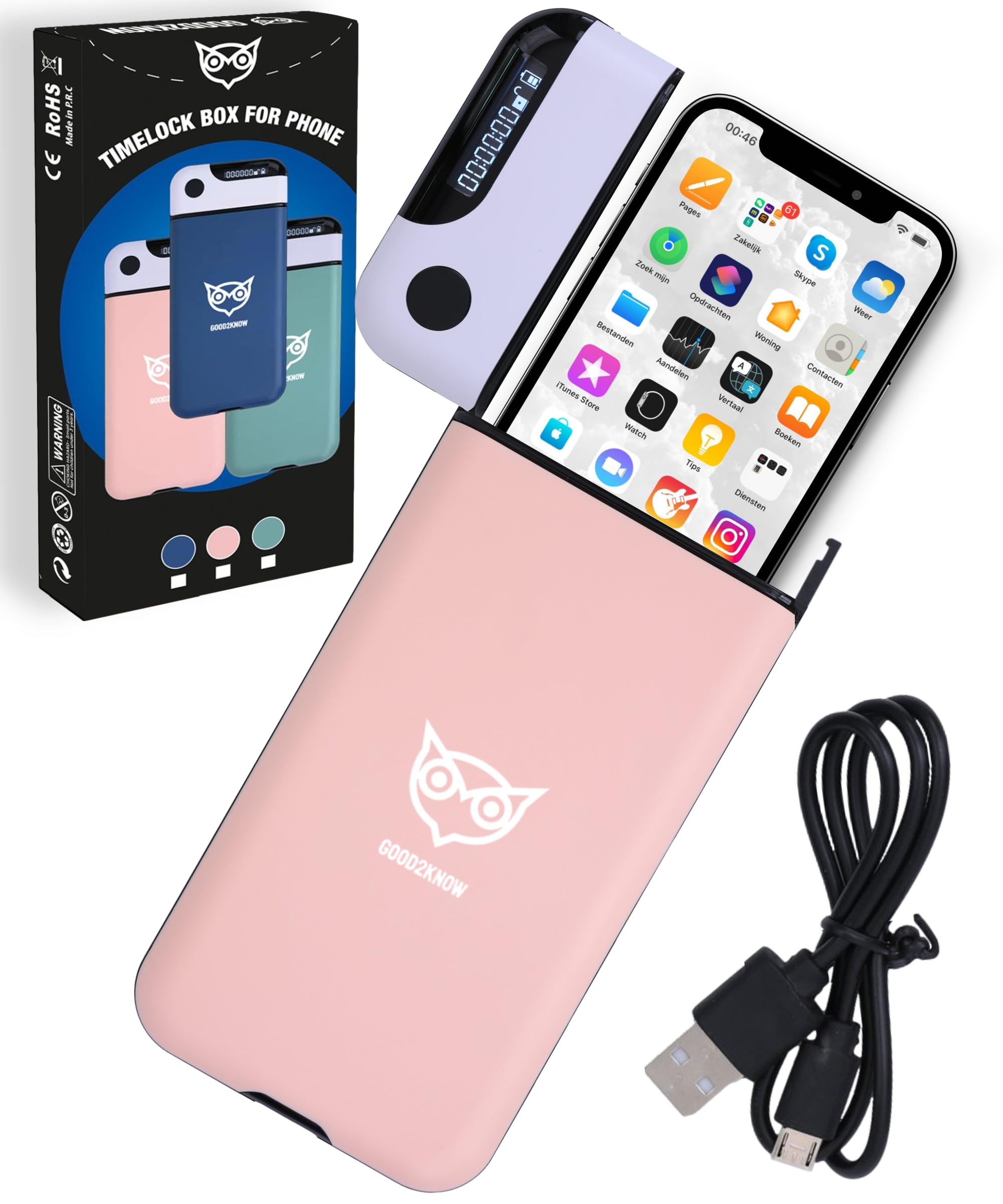 Good2know - Cassetta di sicurezza per telefono con blocco orario, colore: rosa - Timer - Per telefono singolo - Cassetta di sicurezza, cucina sicura - Più concentrazione e autodisciplina - Supporto