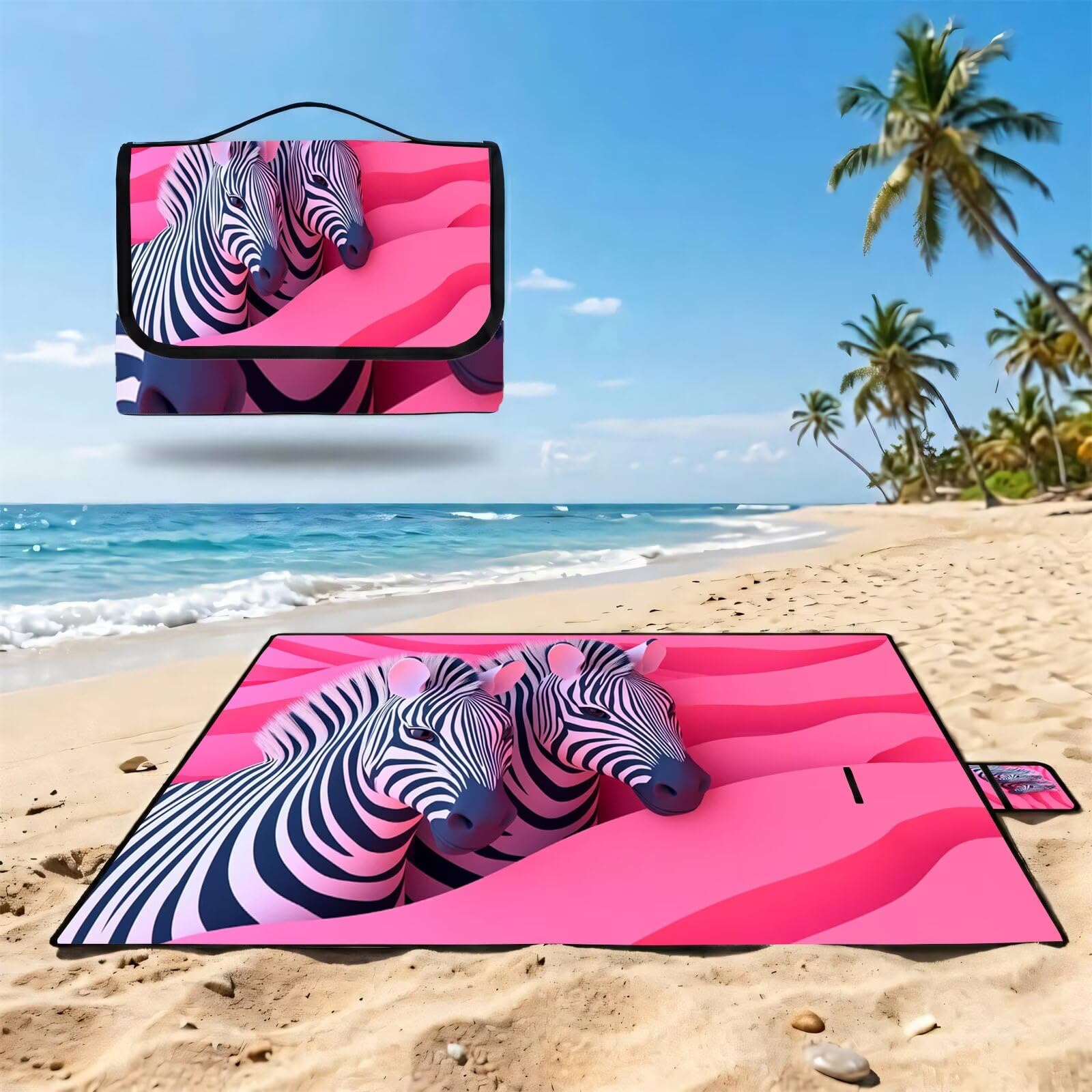 Manta de Picnic Grande 200x200 cm, Rosa Manta Picnic Impermeable, Cebra Esterilla de Playa Alfombra de Exterior, Picnic Blanket Plegable con Asa para Camping, Jardín, Césped, Playa, Senderismo UZ-798