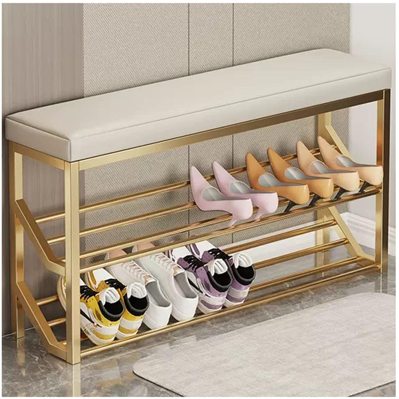 Banc à chaussures en métal à 2 niveaux pour rangement industriel d'entrée