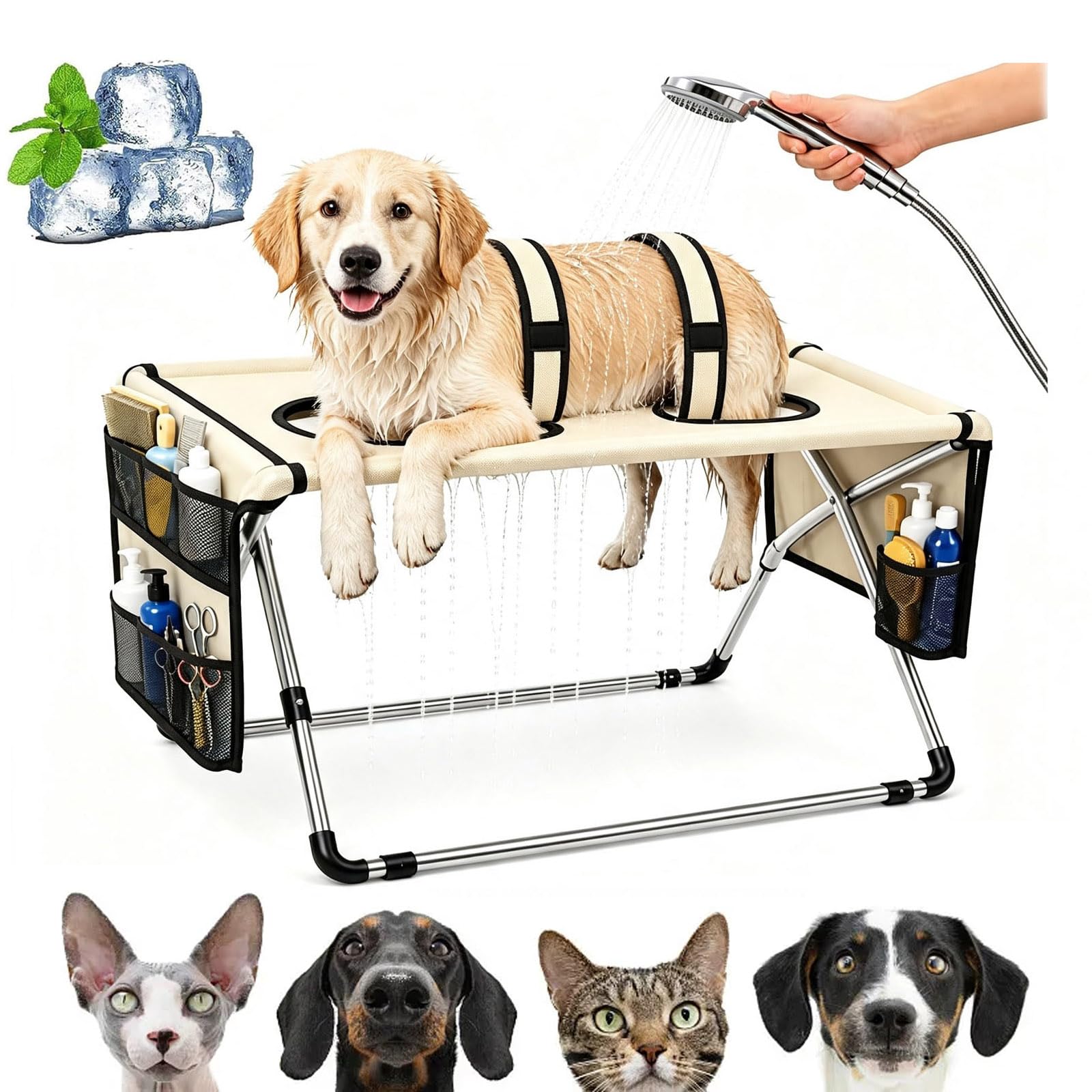 Drbrrly Dog Bath Stand, Pet Bath Hammock with Stable Stainless Steel Frame & Quick-Dry Mesh, 2-in-1 Foldable Pet Grooming Bed, Portable, Easy to Clean & Perfect for Home & Travel，Khaki：Pro