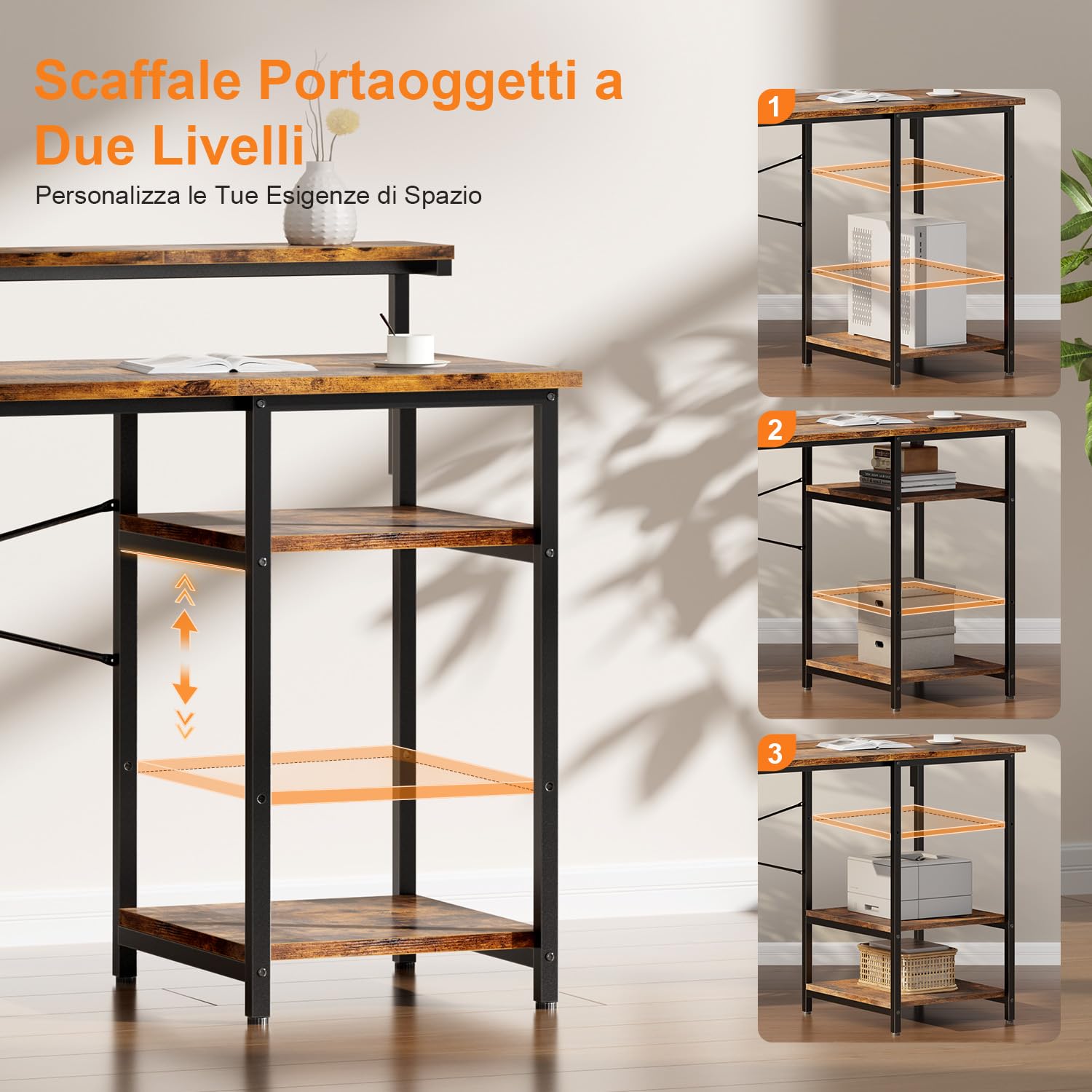 SOLAVERO Scrivania, 100 x 48 cm Scrivania Computer Piccola con Supporto per Monitor, tavolo gaming con Borsa Portaoggetti, Scaffali Regolabili, per Ufficio Domestico, Studio e Gioco, Marrone