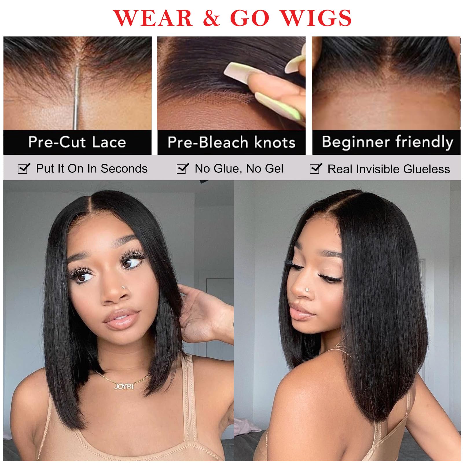 Pre Cut Lace Wear And Go Glueless Wig Human Hair, 12 Inch Bob Wig Human Hair Lace Front Wig - Image 2