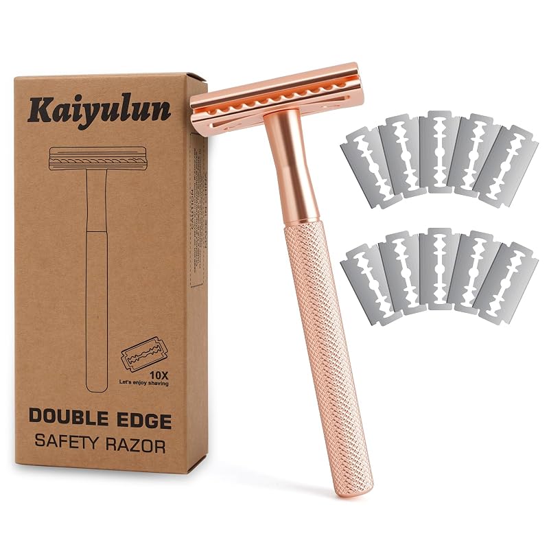 Aparelho de Barbear de Segurança KAIYULUN com Lâmina Dupla e Cabo Rose Gold, Pacote com 10 Lâminas e Estojo