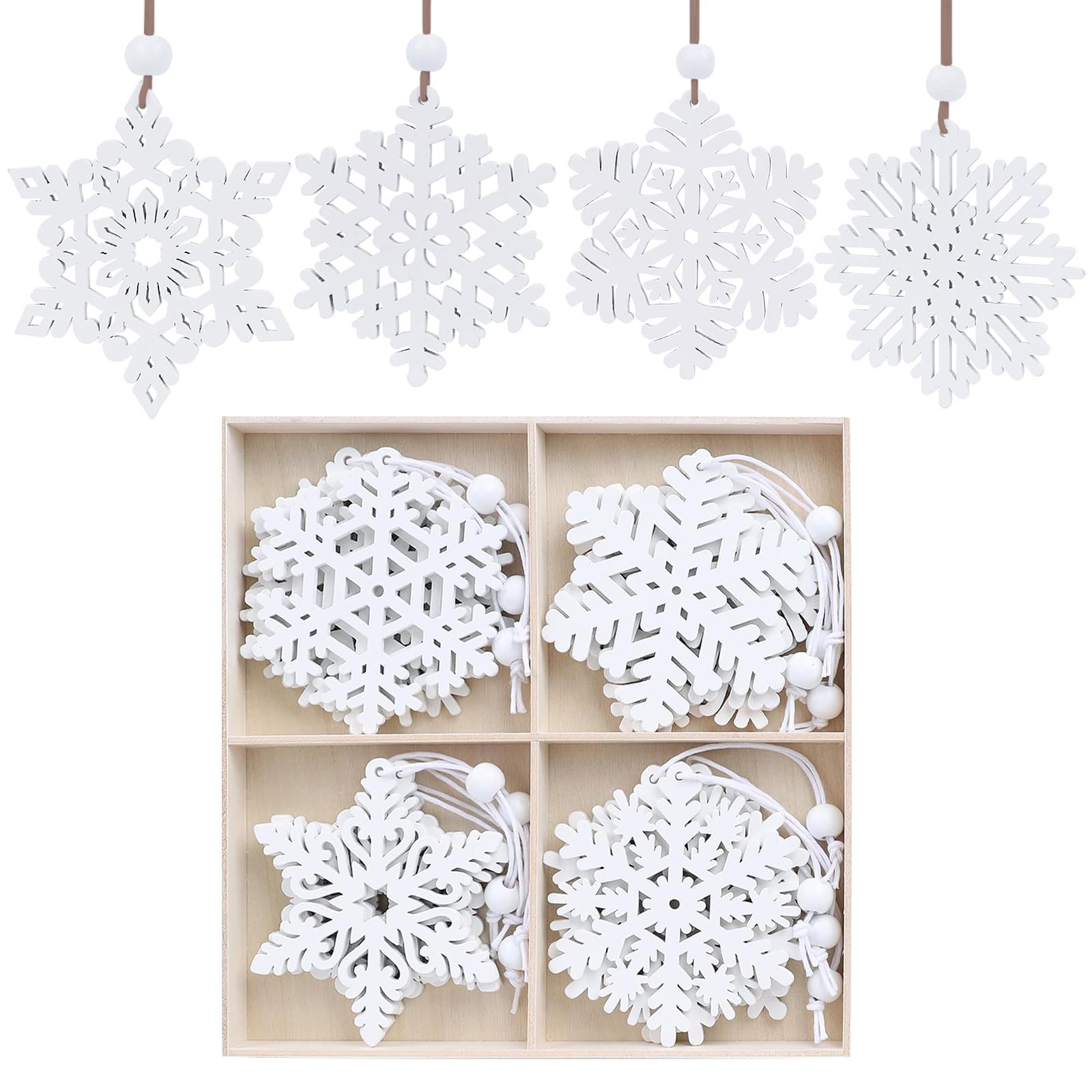 TELAIN 16 adornos de madera de copos de nieve blancos, 7,6 cm, copos de nieve navideños, decoración de árbol de invierno, guirnaldas, decoración de Navidad para el hogar, 8 estilos