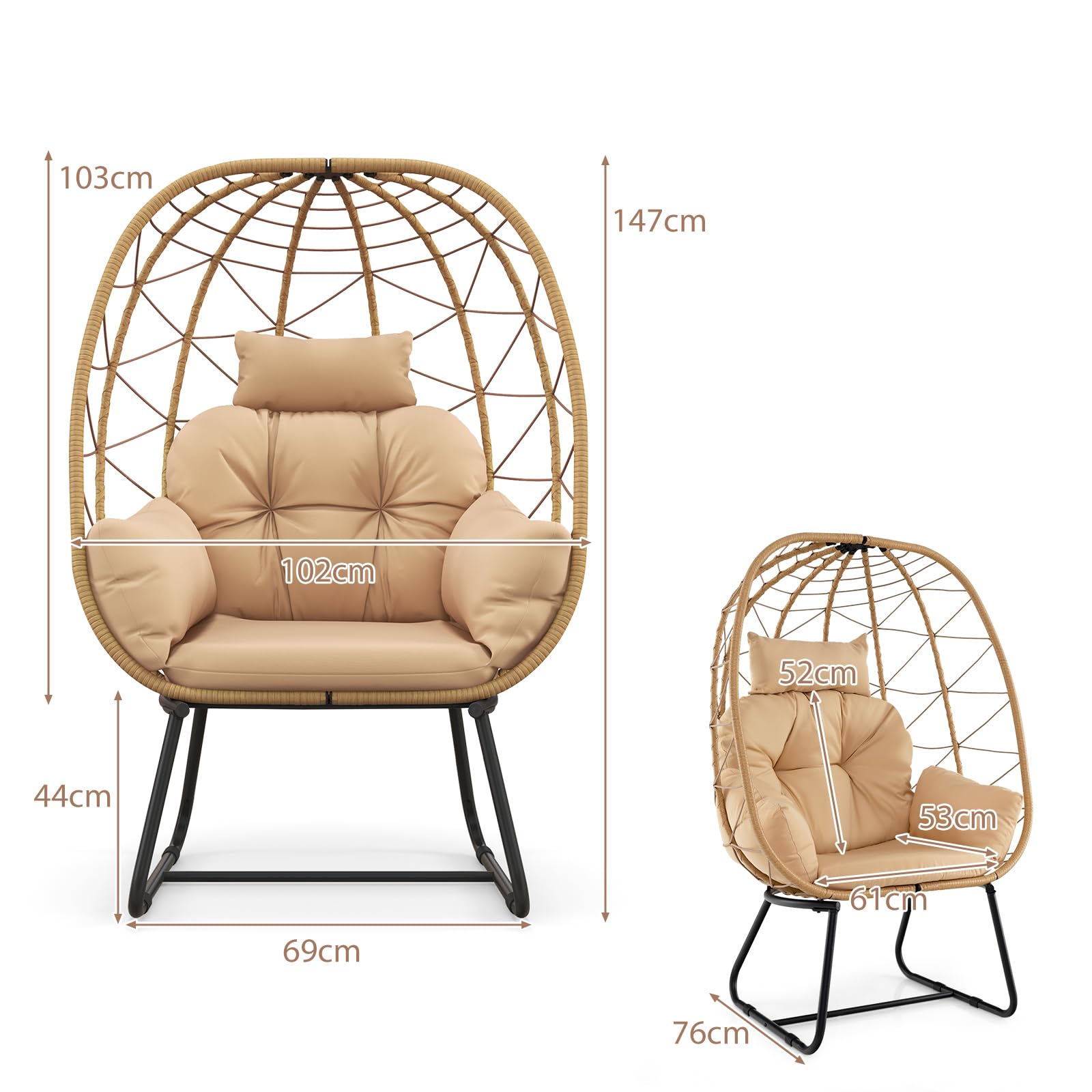 LIFEZEAL Silla Huevo de Mimbre, Sofá de Ratán para Jardín, Patio, Con Cojín Extraíble, Almohada, Soporte de Metal, para Balcón, Porche, Terraza (Beige)