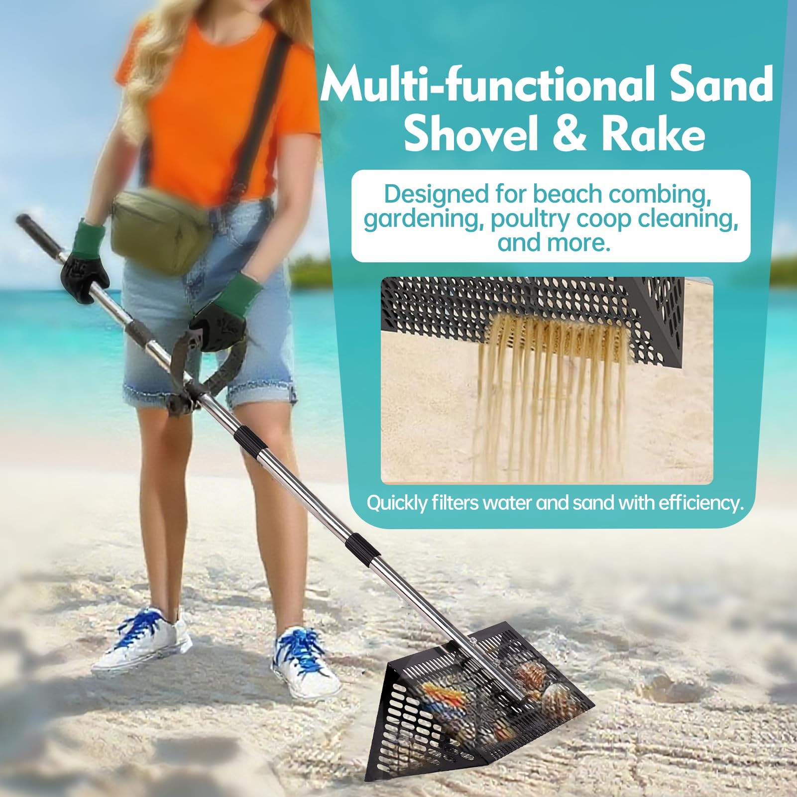 Rastrello per Sabbia 5 Sezioni Connettibili, Acciaio Antiruggine con Attrezzi di Installazione, Lunghezza Regolabile 42-174cm, Maglia 2x0.7cm, per Caccia Conchiglie Spiaggia