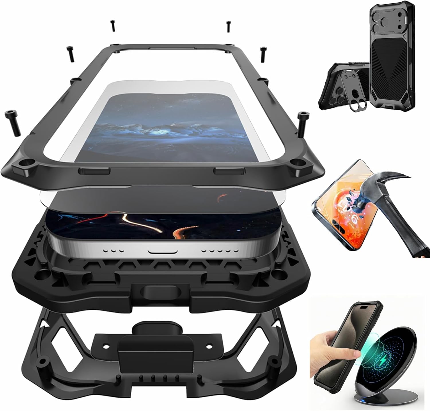 for iPhone 17 Pro Max Metal Case Kickstand, Built-in Tempered Glass Screen Protector, Heavy Duty Military Grade Shockproof Full Body Protection with Camera Cover Rugged Armor Case Black