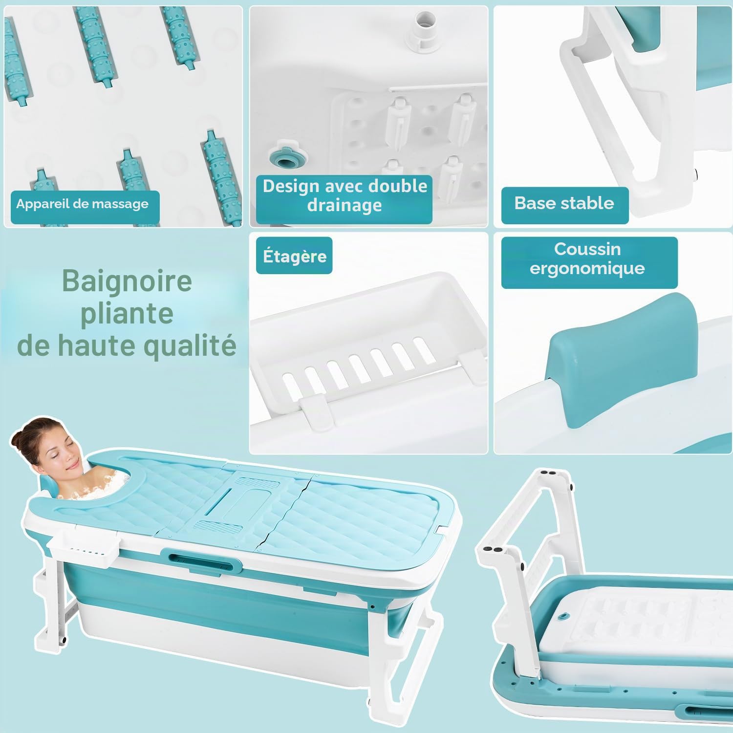 Baignoire pliable pour adulte, Baignoire mobile pliante 149×60×50 cm, Portable et peu encombrante, avec couvercle et tuyau de vidange, pour salle de bain, douche et extérieur, Bleu