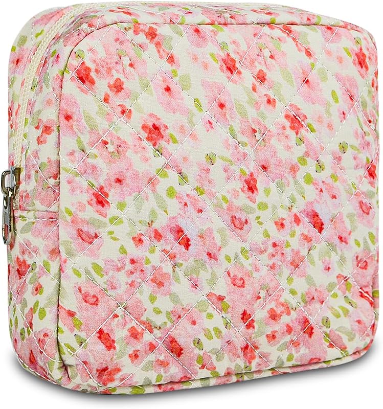 Necessaire de maquiagem AMZMA com estampa floral rosa, algodão matelassê e bolso interno