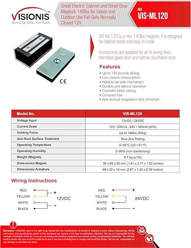 Miniatura 3 de Visionis VIS-ML120 Cerradura magnética pequeña para puerta de gabinete eléctrico de 140 libras para interior a prueba de fallas Maglock normalmente