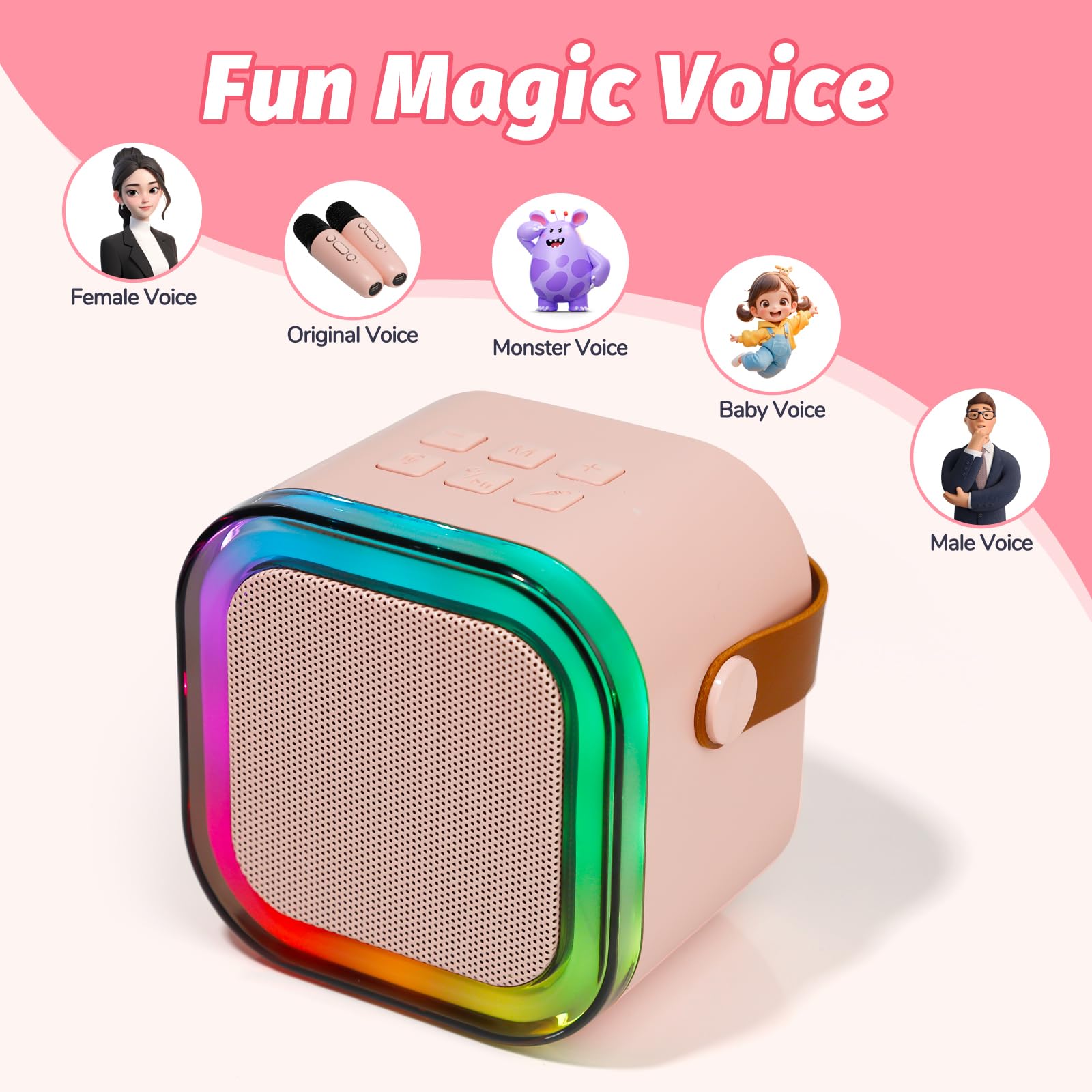 Mini máquina de Karaoke con 2 micrófonos inalámbricos, Luces LED, Efectos de Voz, Altavoz portátil para niños de 3, 4, 5, 6, 7, 8, 9, 10, 11, 12 años o más, Regalo de cumpleaños para niñas de (Pink) — view 3
