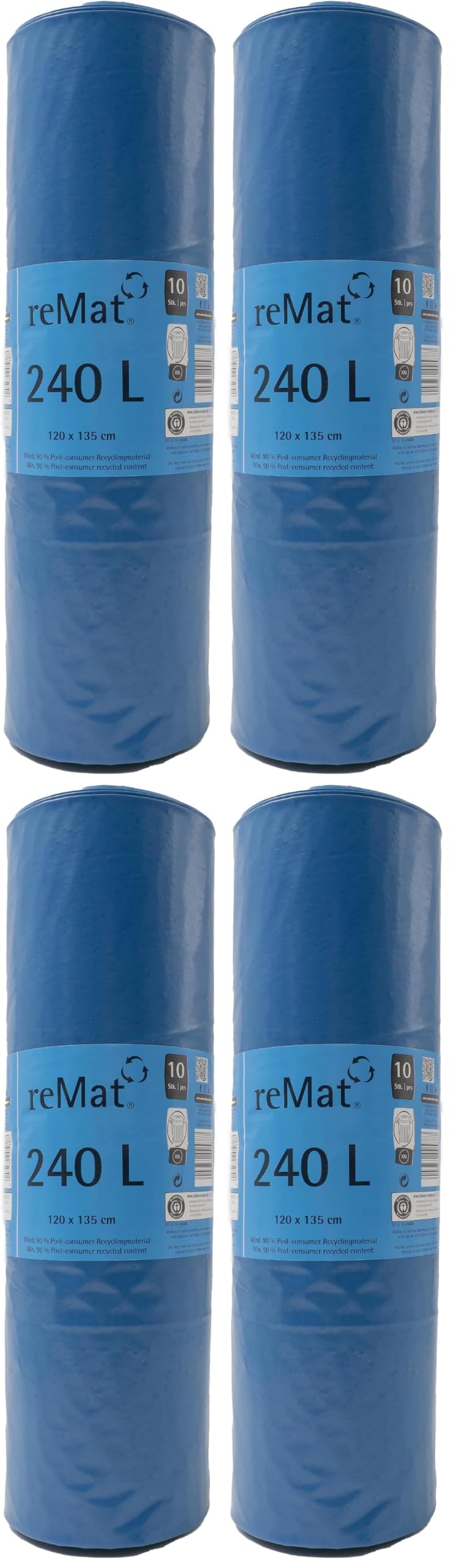 reMat 240l Schwerlast Müllsäcke, 10 Stück, 60µm, Blauer Engel Zertifiziert (Packung mit 4)