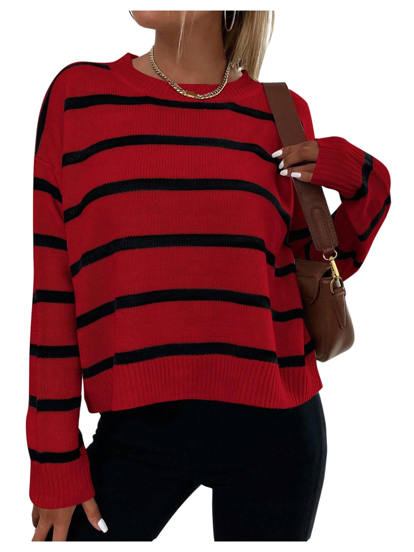 GORGLITTER Womens Striped Drop Shoulder Sweater Oversized Crew Neck Knit Sweaters Pullover Top