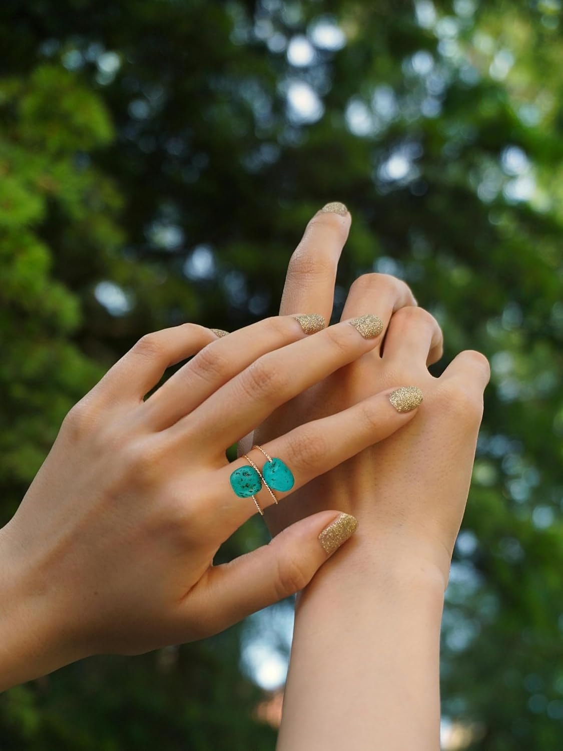 Turquoise Rings for Women, Adjustable Statement Ring Turquoise Jewelry for Women, Natural Double Turquoise Stone Ring Gold Plated - Image 3
