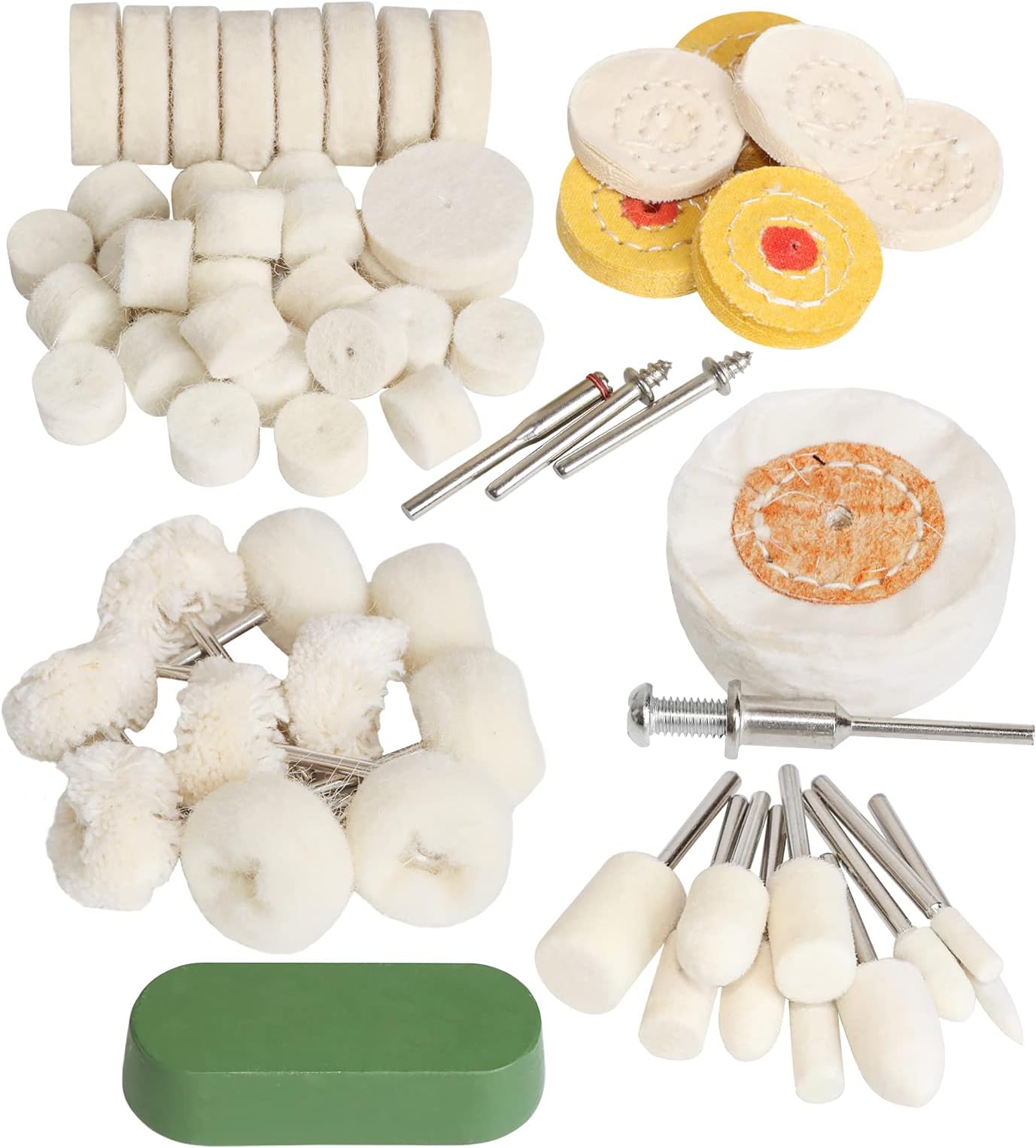 62pc Wool Felt Cotton Abrasive Buffing Wheel Kit,Rotary Tool Accesseries with 3mm Shaft,for Polishing Metal Jewelry Jade