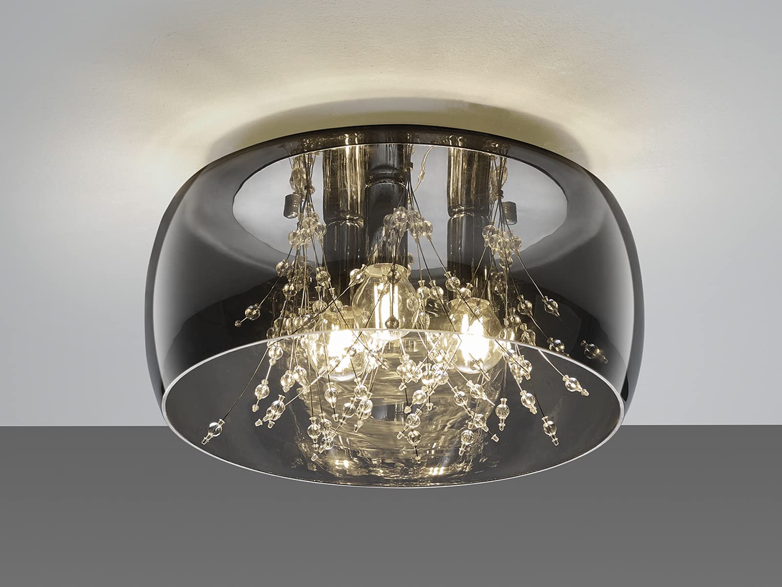 meineWunschleuchte Deckenleuchte Ø 34cm Glas Schirm Chrom verspiegelt in Rauchglas Optik mit Kristallbehang