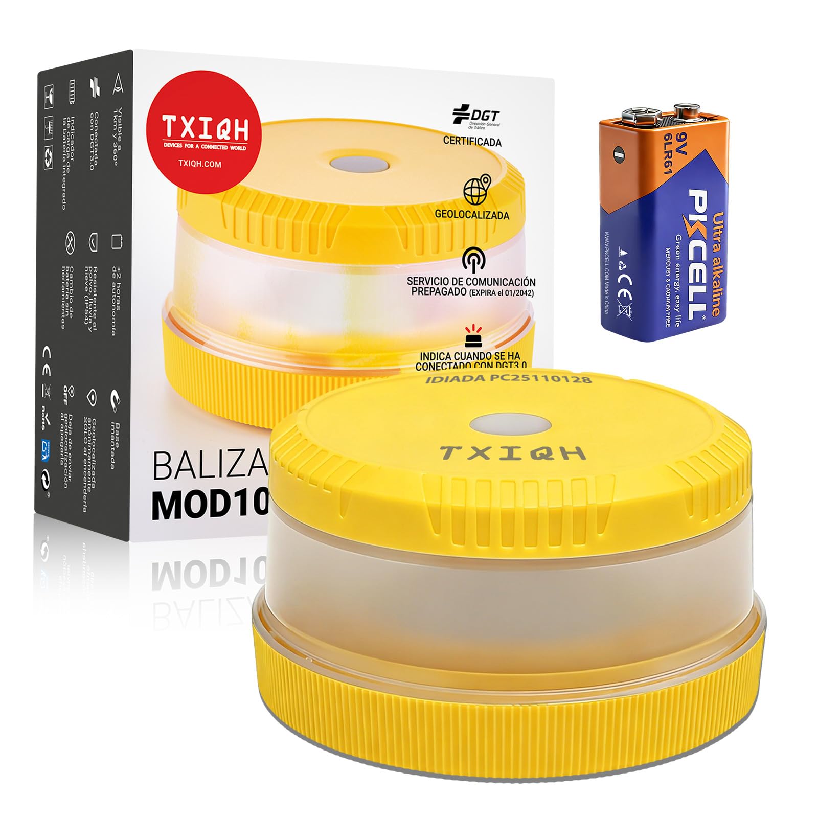 Baliza V16 Homologada DGT con Geolocalizador, Uso Obligatorio Enero 2026, Luz Emergencia Coche Homologado DGT 3.0, Alcance 1km y Visible 360º, IP54 Resistente al Agua, Datos Incluidos Hasta 2042