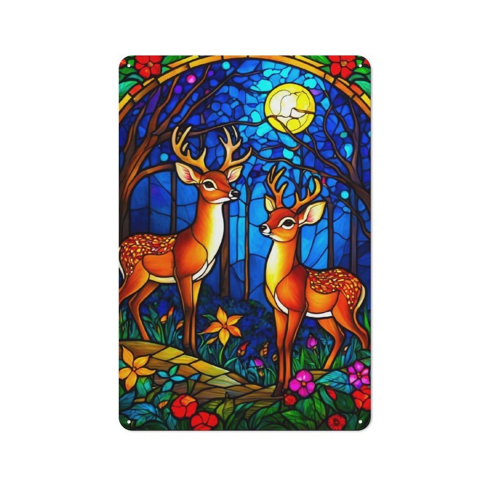 Junmoney Stained Glass Deer Tin Wall Plaque 30X20cm With For Dining Room Or Kitchen, For Vintage Wall Decor Fans, For Themed Room Decoration