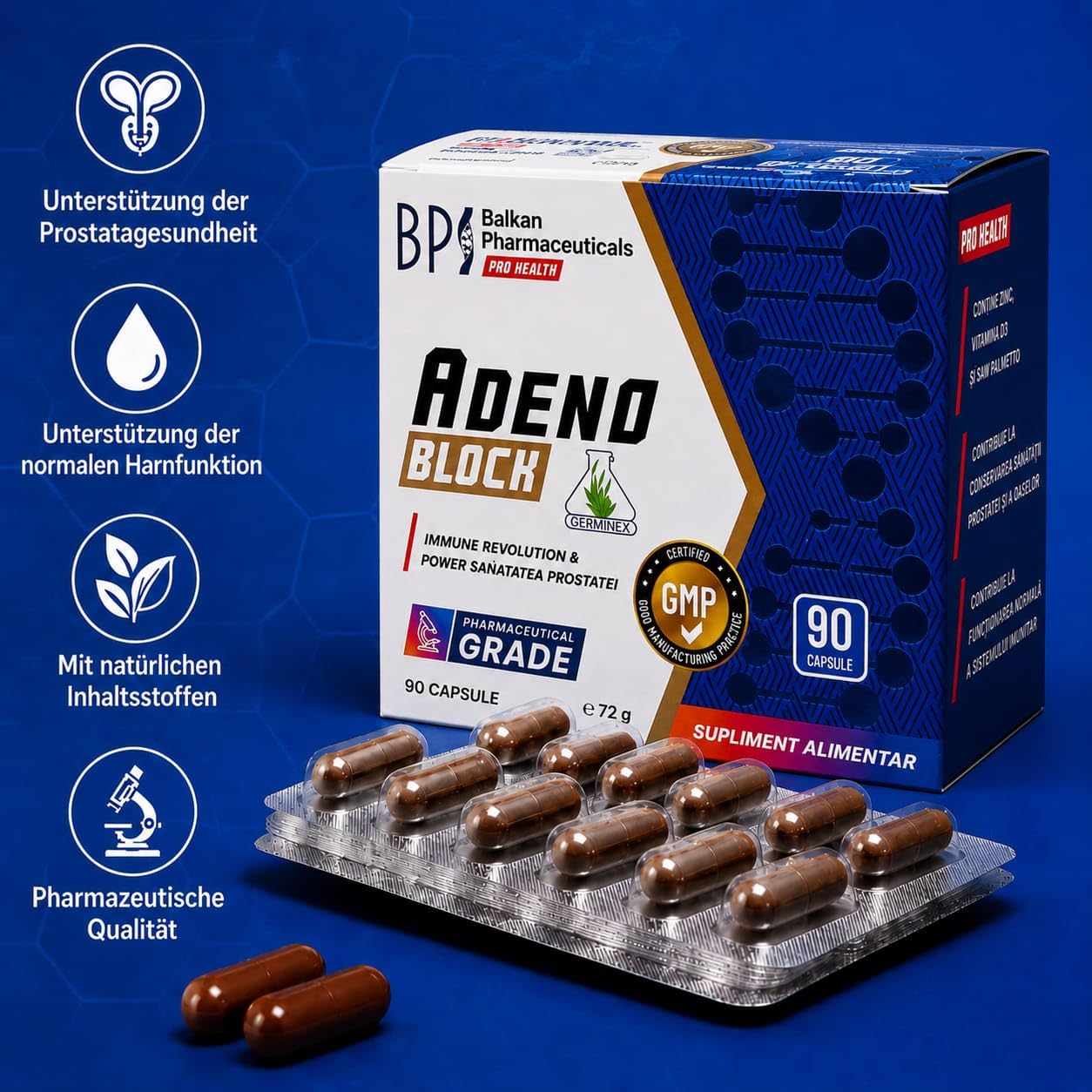 Adeno Block Pro Health – Nahrungsergänzung für die Prostata mit Graminex® Blütenpollenextrakt – Unterstützung der Prostatagesundheit – 90 Kapseln (72 g)