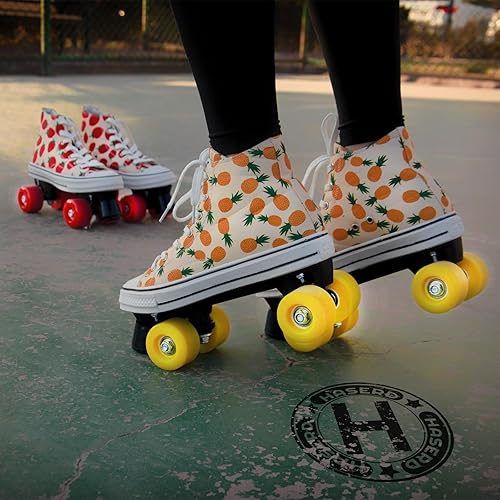 Miniatura 8 de HASERD Patines para mujer con bolsas, patines de lona ajustables de doble fila para niñas, diseño temático de fresa y piña, estilo de tenis de lona