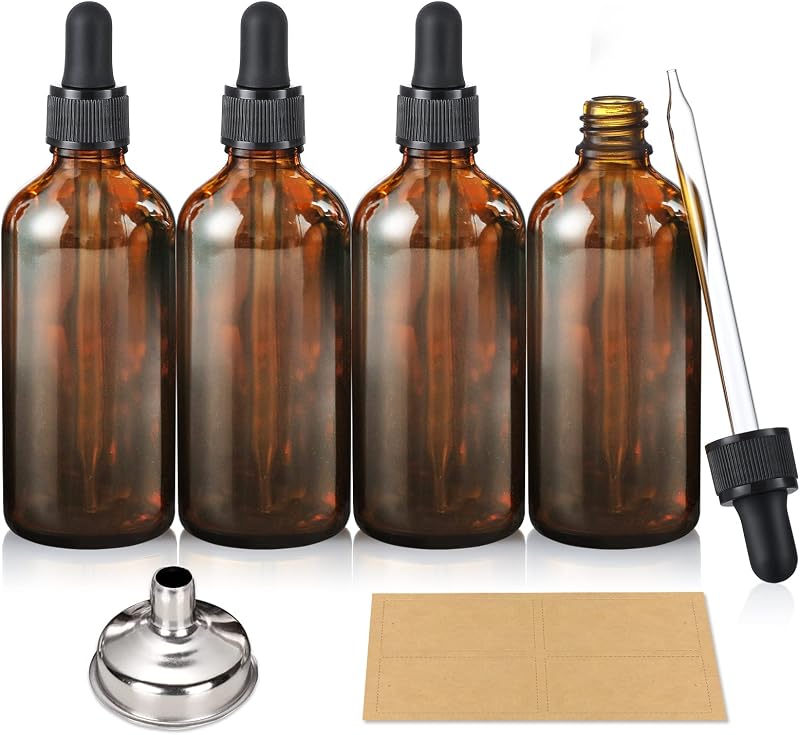 AOZITA Conjunto com 4 frascos conta-gotas de vidro âmbar de 100 mL com funil e etiquetas