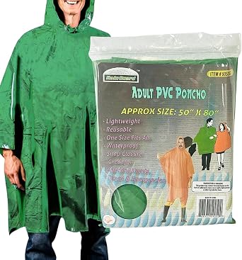 RAIN GUARD 10 Mil Green Vinyl Rain Poncho with Hood | Expanded 50" x 80" 127 cm x 203.2 cm | Folded 7" x 9" 17.8 cm x 22.9 cm | Reusable Waterproof Protection | Adult Size | Includes Storage Pouch