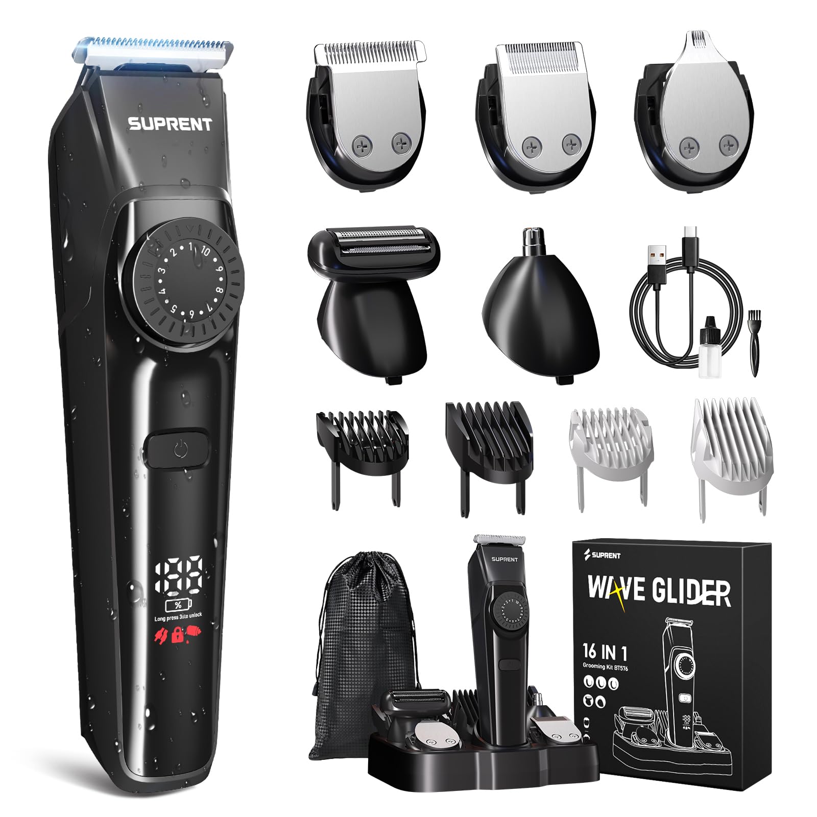 SUPRENT Recortadora De Barba Hombre - Afeitadora Eléctrica 5 En 1 Con 4 Accesorios, IPX7 Impermeable Recortadora De Barba, 90 Min De AutonomÃa Y Pantalla LED