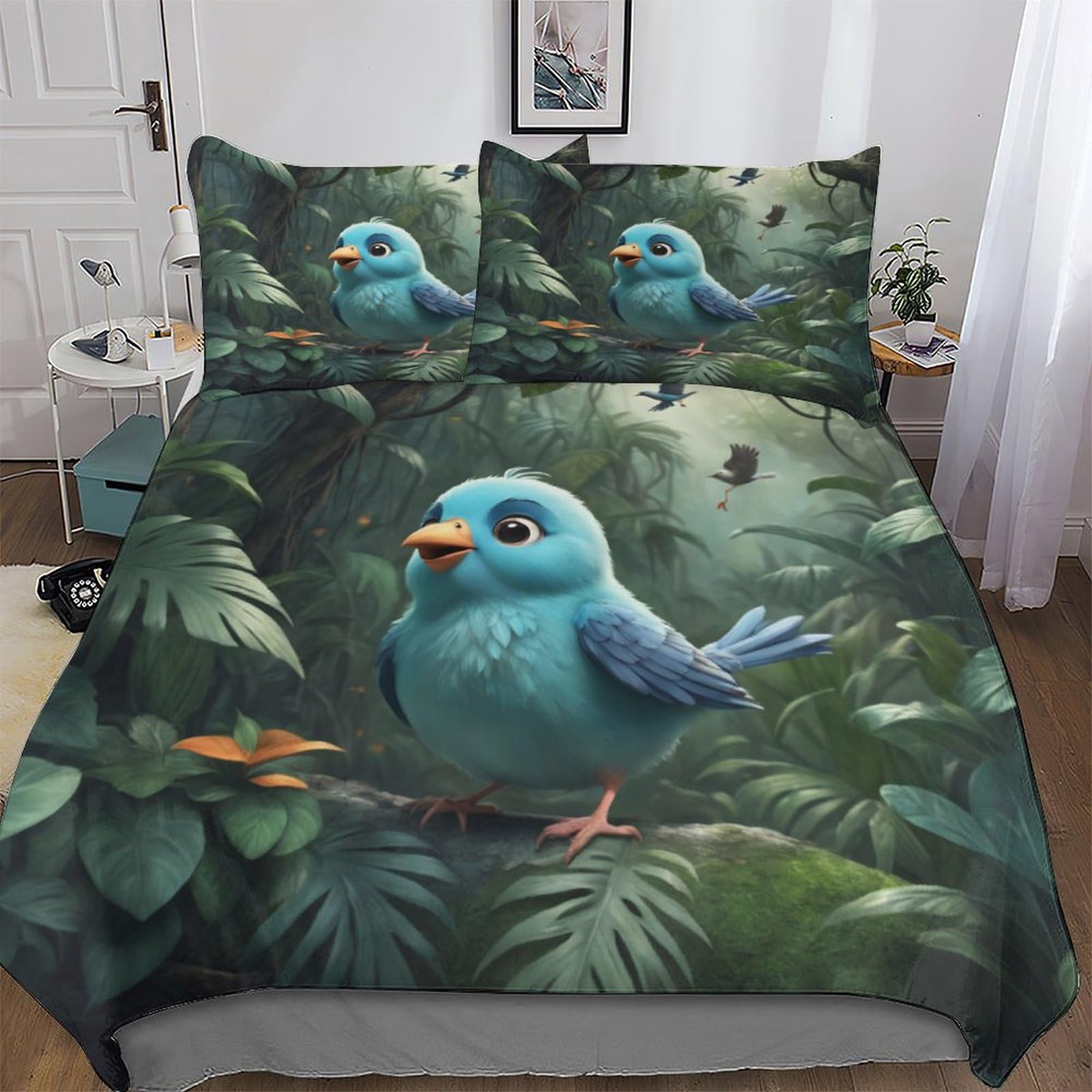 PAZZK Cute Bird 3D Printed Bedding Set Comforter Cover 3 PCs with Pillowcases with Zipper Closure for Adults Teenager Kids Quilt Cover Soft Anti-allergic Duvet Cover King (220x240cm)
