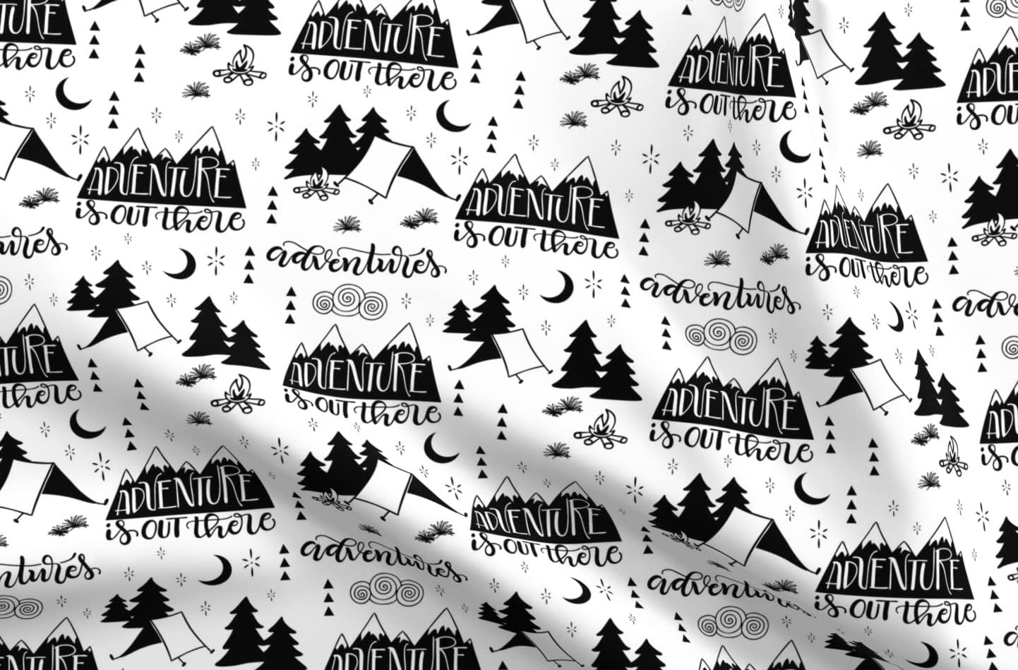 Spoonflower Fabric - Adventure Out White Background Black Nursery Woodland Campfire Camping Printed on Petal Signature Cotton Fabric Fat Quarter - Sewing Quilting Apparel Crafts Decor