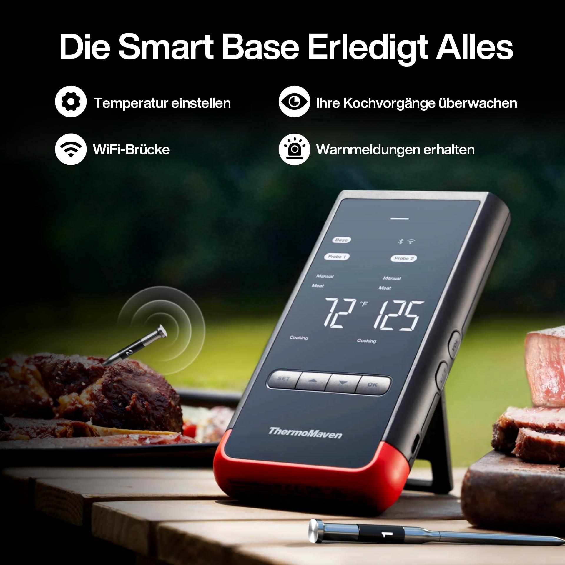 ThermoMaven P2 Fleischthermometer Kabellos – WiFi & Bluetooth 5.3, 2 Sonden 6 Sensoren, ±0,3°C Präzise, IPX8 Wasserdicht, App-Steuerung, NIST & NSF Zertifiziert, Grillthermometer, Bratenthermometer