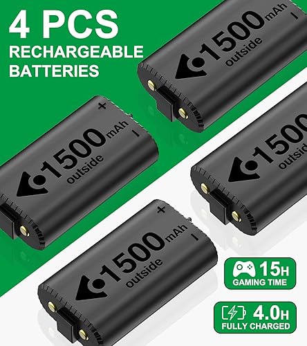 Miniatura 2 de DINOSTRIKE Paquete de baterías recargables para Xbox, 4 x 1500 mAh (4 x 3600 mWh), paquetes de baterías de control Xbox One con estación de carga