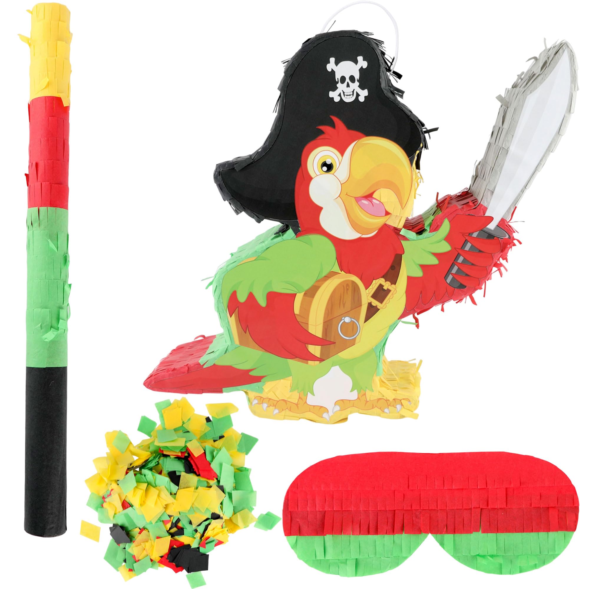 Pirate Parrot Piñata Paper Blindfold Confetti Parrot Piñata Tropical Bird Design Pinata with Stick for Luau Hawaii Summer Pirate Theme Birthday Party Decor