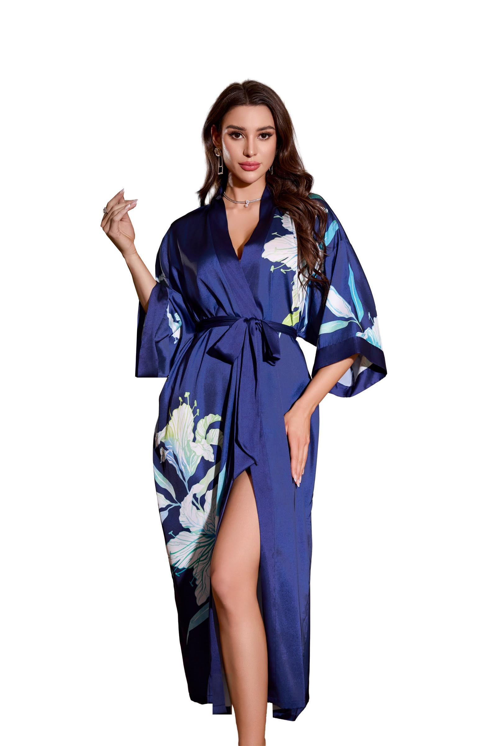 Daiwor Kout Silk Satin Robe for Women Long Kimono Floral Lightweight Bathrobe Soft Thin Ladies Luxury House Robes