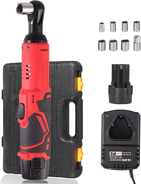 AUTOUTLET UK Plug Cordless Electric Ratchet Wrench, 3/8" 45 Ft-lbs 12V Power Ratchet Wrench Kit with Fast Charge, Variable Speed Trigger, 2-Pack 1500mAh Lithium-Ion Batteries, 8 Sockets